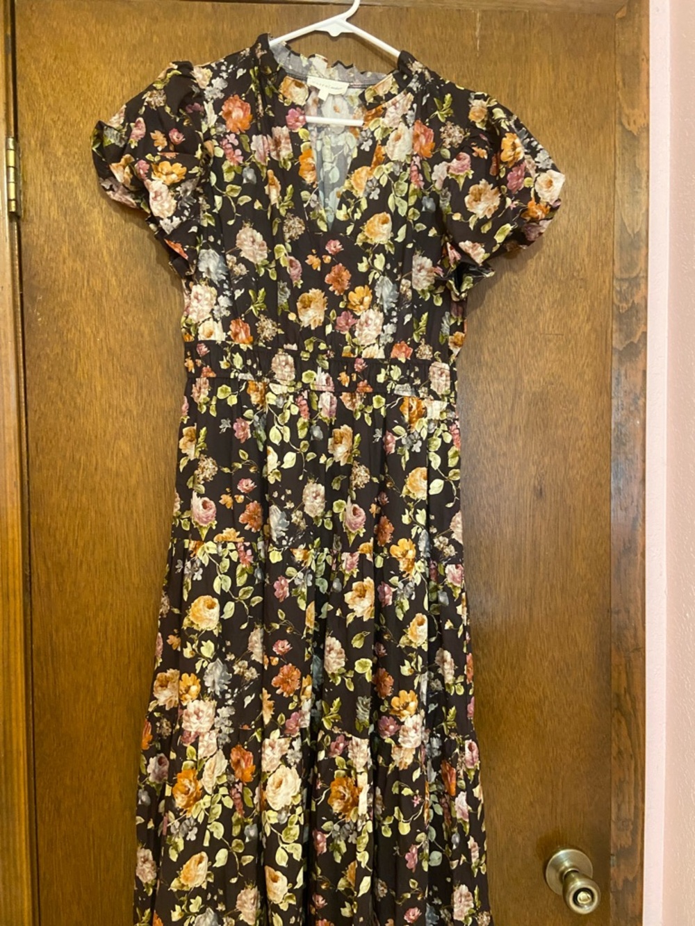 entro Brown Floral Maxi Dress with Puff Sleeves